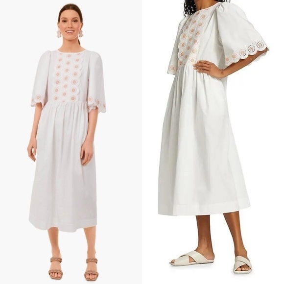 SEE BY CHLOE Floral Eyelet Embroidered Puff Short Sleeve Scalloped Midi Dress 6 - Picture 3 of 16